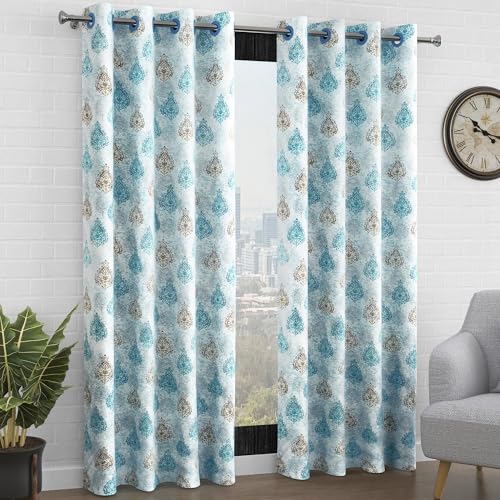 Image of Curtain Door - Raga Curtain for Door 7 Feet Light Filtering Curtains for Home |Motif| White and Blue| Polyester, Pack of 10