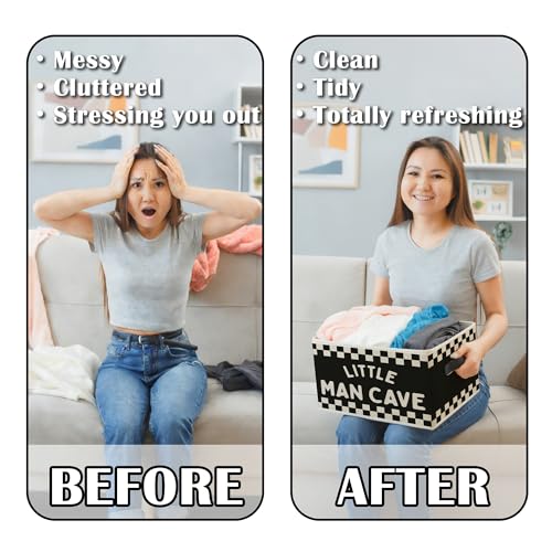 Image of Little Man Cave Boys Storage Bins Box with Handles, Black White Checkered Collapsible Basket Organizer for Kids Boys Playroom Nursery Room Bedroom Bathroom Books Clothes