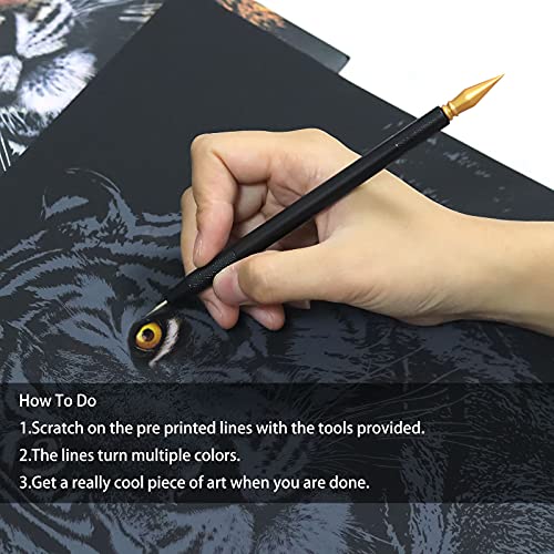 Animal Scratch Art Rainbow Painting Paper, Engraving Art & Craft Sets, Creative Foil Scratch Art Toys Gift, Diy Sketch Card Scratchboard For Kids & Adults, Women - 16'' X 11.2'' With 3 Tools (Tiger) #TOP3