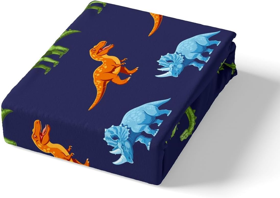 Cartoon Dinosaur Fitted Sheet Queen, Dark Blue Dinosaur Bed Sheet Set for Kids Dinosaurs Print Bedding Set Boys Girls Jungle Dino Bed Cover Bedroom Decor with 2 Pillow Case (No Flat Sheet)