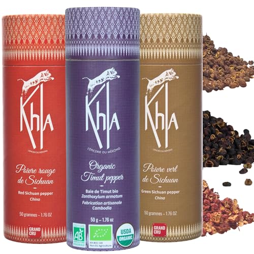 Khla - Confezione Trio di Pepi Rari - Sichuan & Timut in Grani - Cofanetto Regalo Cucina - Bacche di Sichuan Rosso e Verde - Spezie Pepe dal Mondo - Ricarica per Macinino - Asia Cina Nepal