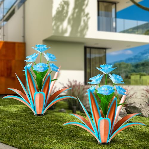Image of TOMBABY Huge Metal Agave Plants Outdoor Decoration Outdoor Garden Decorated with Flowers Mexican Yard Art Plant Garden Gift (Blue 2 Pack)