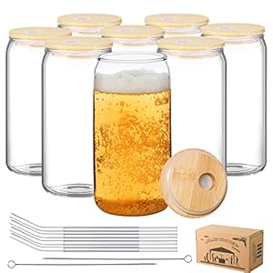 MMonDod 8 Pack Glass Cups with Lids and Straws,Iced Coffee Cup,Glass Beer Cups with Bamboo Lids and Straws,Can Shaped Glass Cups,Glass Soda Can Cup,16 oz Can Tumbler Glasses with Lid and Straw