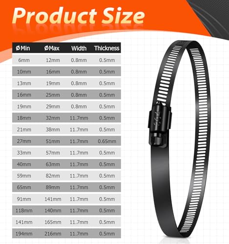 Jeboler Schwarz Schlauchschellen 194-216mm, 4 Stk Sschlauchschellen Pool Edelstahl, Große Schlauchklemme Rohrschelle Sortiment Schlauchbinder für Lüftungsrohr, Poolschlauch, Abluftschlauch