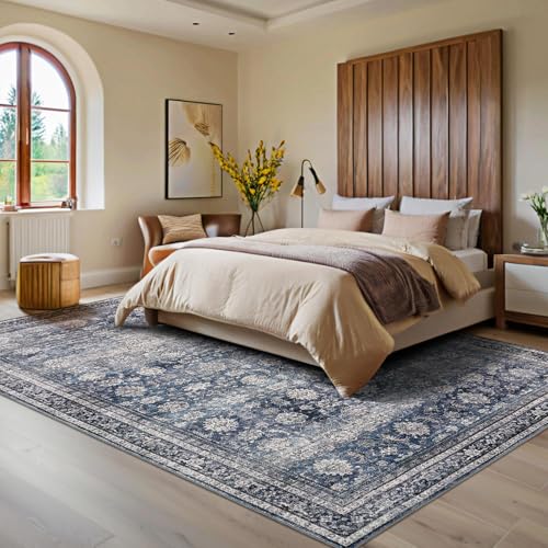 GarveeHome Area Rugs 3x5 Vintage Printed Floor Carpet with Non-Slip Backing, Stain-Resistant Oriental Throw Bedside Washable Farmhouse Low Pile Rugs for Living Room, Bedroom, Office, Blue