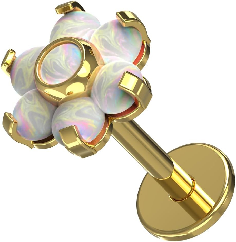 G23 Grade Titanium Opal Stone Flower Push Fit Top 16 Gauge Labret - Tragus Bar Piercing - Labret Stud Helix - Tragus Piercing Jewelry