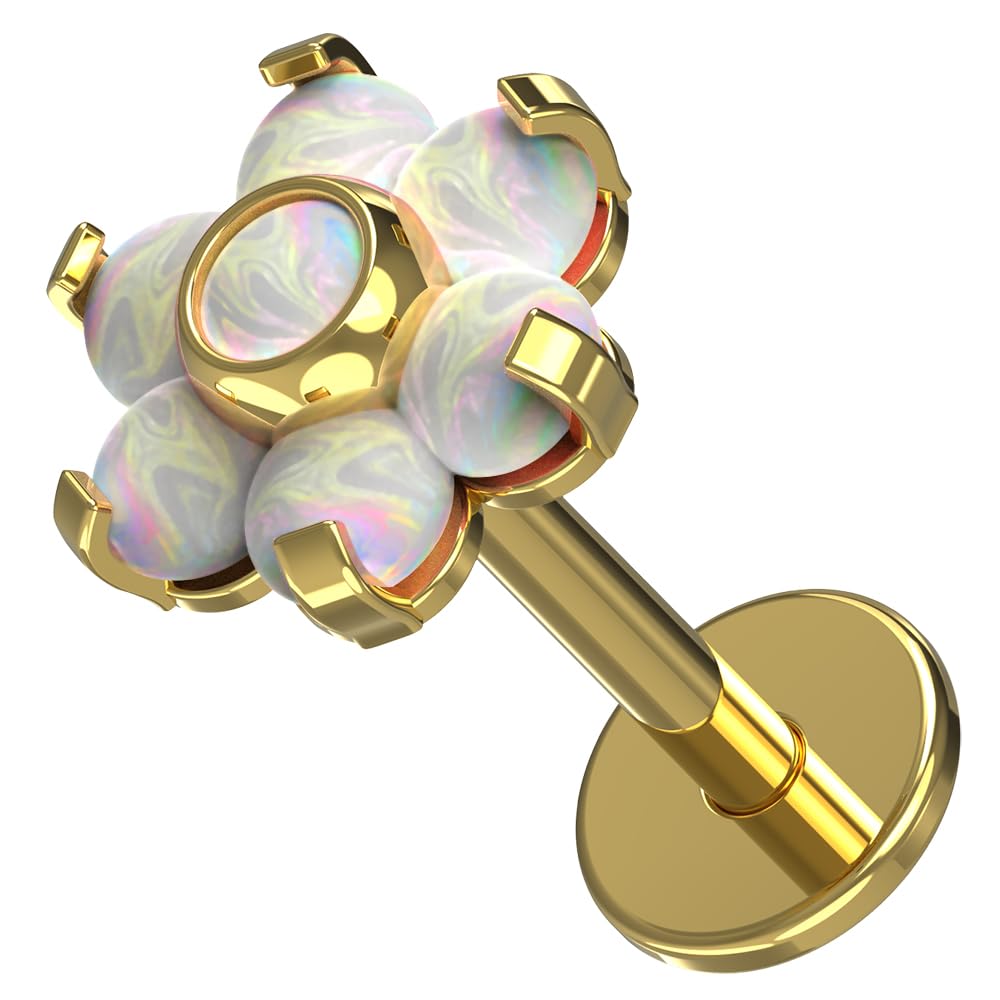 G23 Grade Titanium Opal Stone Flower Push Fit Top 16 Gauge Labret - Tragus Bar Piercing - Labret Stud Helix - Tragus Piercing Jewelry
