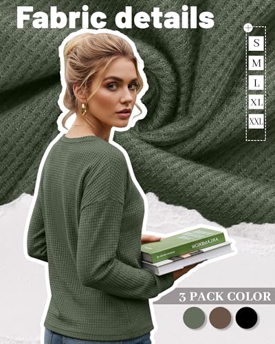 Image of 3 Pack Women's Waffle T-Shirts, 3-Color, Small | Long Sleeve, Waffle, Crew Neck, Slim Fit, Thermal, Stretch, Casual, Warm, Basic, Layer, Soft, Breathable, Lightweight, Trendy