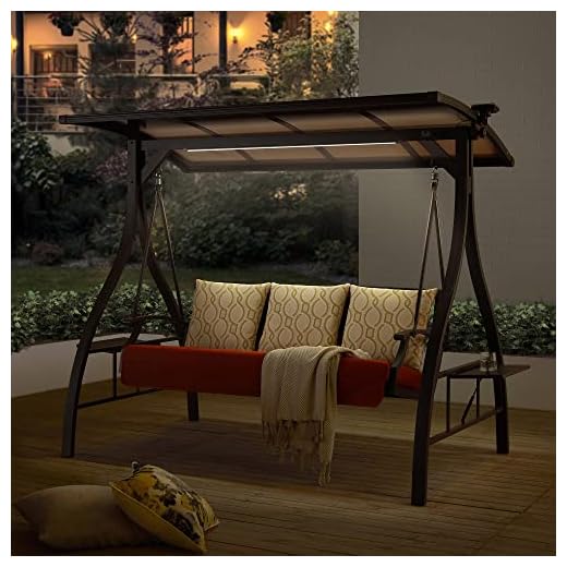 Ulax Furniture 3-Seat Outdoor Patio Swing Chair, Porch Swing Glider Chair with Convertible Canopy, Solar LED Light and Sunbrella Pillows for Poolside, Garden, Balcony, Backyard
