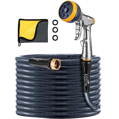 CEED4U Garden Hose 1/2 in. x 50ft. Lightweight PVC Water Hose with Stainless Steal Spray Nozzle, 7 Patterns Metal Water Nozzle Heavy Duty and Absorbent Towel, for Gardening, Cars and Pets (Gray)