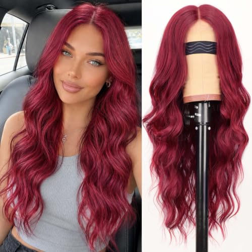 Image of AISI HAIR Bright Red Wig for Women, Long Wavy Synthetic Lace Wig 26Inch