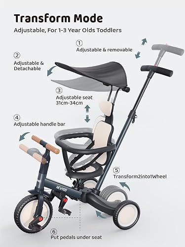 Miniatura 11 de newyoo Triciclo para niños pequeños de 1 a 3 años, bicicleta para niños pequeños, triciclo para niños pequeños con mango de empuje y toldo, regalo