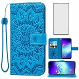 Phone Case for Samsung Galaxy S10 5G Wallet Cases with Tempered Glass Screen Protector and Leather Slim Flip Cover Card Holder Stand Cell Accessories Glaxay S105G Galaxies S 10 G5 Women Men Blue -  Asuwish