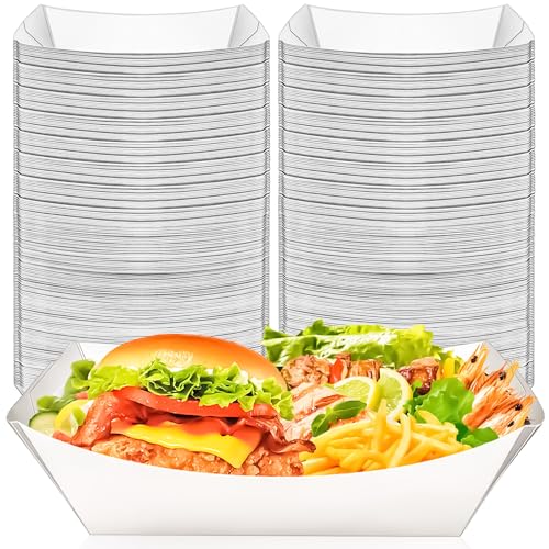 MotBach 100 Pack 5LB Extra Large Paper Food Boats Trays Disposable Paper Boat, Heavy Duty White Kraft Food Serving Tray Boat Basket for Snack Popcorn Sandwich Burger Taco BBQ Dessert Fries Nacho