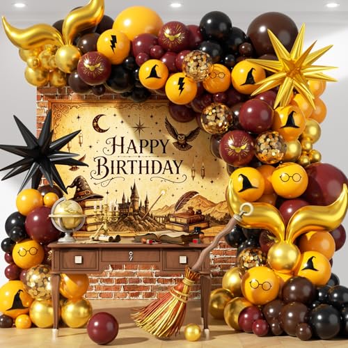 PTGOLUO Magical Wizard Garland Arch Kit 180Pcs Burgundy Yellow Black Gold Confetti Snitch S-Shaped Balloon Arch Kit for Magic Themed Birthday Baby Shower Party Decorations