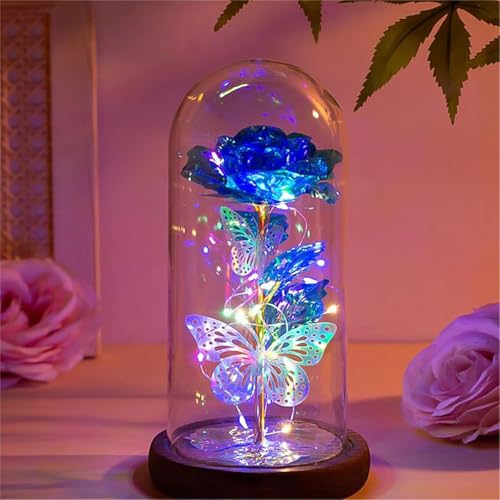 HFHungkeong Gifts for Her,Galaxy Forever Rose Gifts for Mom Mother's Day,Eternal Gold Foil Rose and 2 Butterflies in Glass Dome, Artificial Preserved Rose Birthday Gift for Mother(Colorful Gold Blue)
