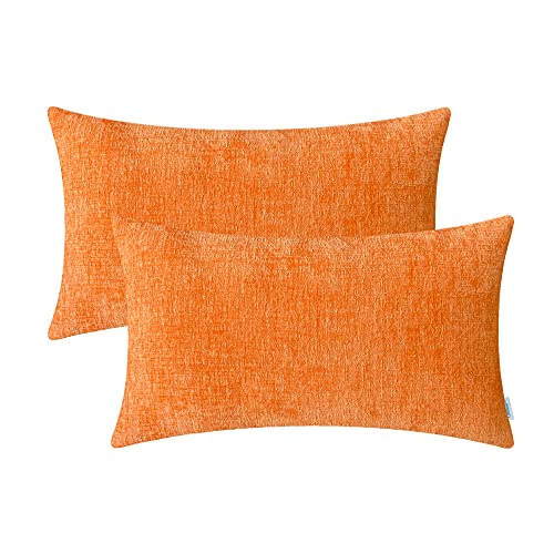 Image of CaliTime Pack of 2 Cozy Bolster Pillow Covers Cases for Couch Sofa Home Decoration Solid Dyed Soft Chenille 12 X 20 Inches Bright Orange