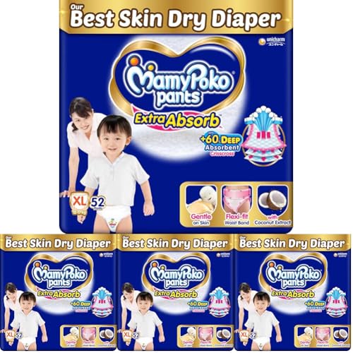 Image of MamyPoko Pants Extra Absorb Baby Diapers, Extra Large (XL size) | 12-17 kg | 52 Count |Deep Sleep Diapers| Soft gentle fit |Deep Absorbent Crisscross | skin friendly with coconut oil | (Pack of 4)
