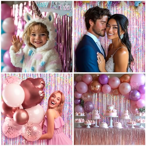Image of 4 Packs Pink Foil Fringe Curtain, Pink Glitter Metallic Tinsel Backdrop for Birthday, Wedding, Baby Shower, Princess Bachelorette Cowgirl Party Decorations Supplies