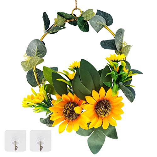 20 cm Künstlicher Sonnenblumenkranz mit gelben Sonnenblumen und Grünen Blättern, Sonnenblume Hängen Kranz, Seiden-Türkranz für den Sommer, Frühlingskranz, Dekoration für die Hochzeit, Heimdekoration Cover