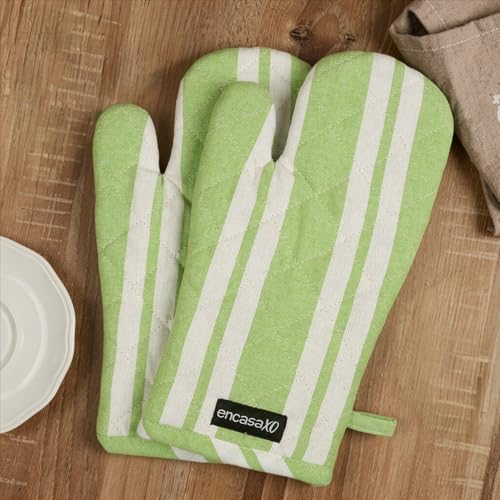 Image of Encasa XO Oven Gloves for Microwave (2 pc Set) - Heat Proof, Thick & Safe | Longer 18x30 cm Mittens for Protection in Kitchen Cooking & Baking - Franca Lime Stripes