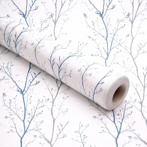 Image of KBR Elegant Blue & Grey Vine Branch Wallpaper (45 x 300 cm) - Nature Inspired Peel & Stick Self-Adhesive with Minimal Botanical Tree Pattern Roll for Living Room, Bedroom, Hallway & Office Decor