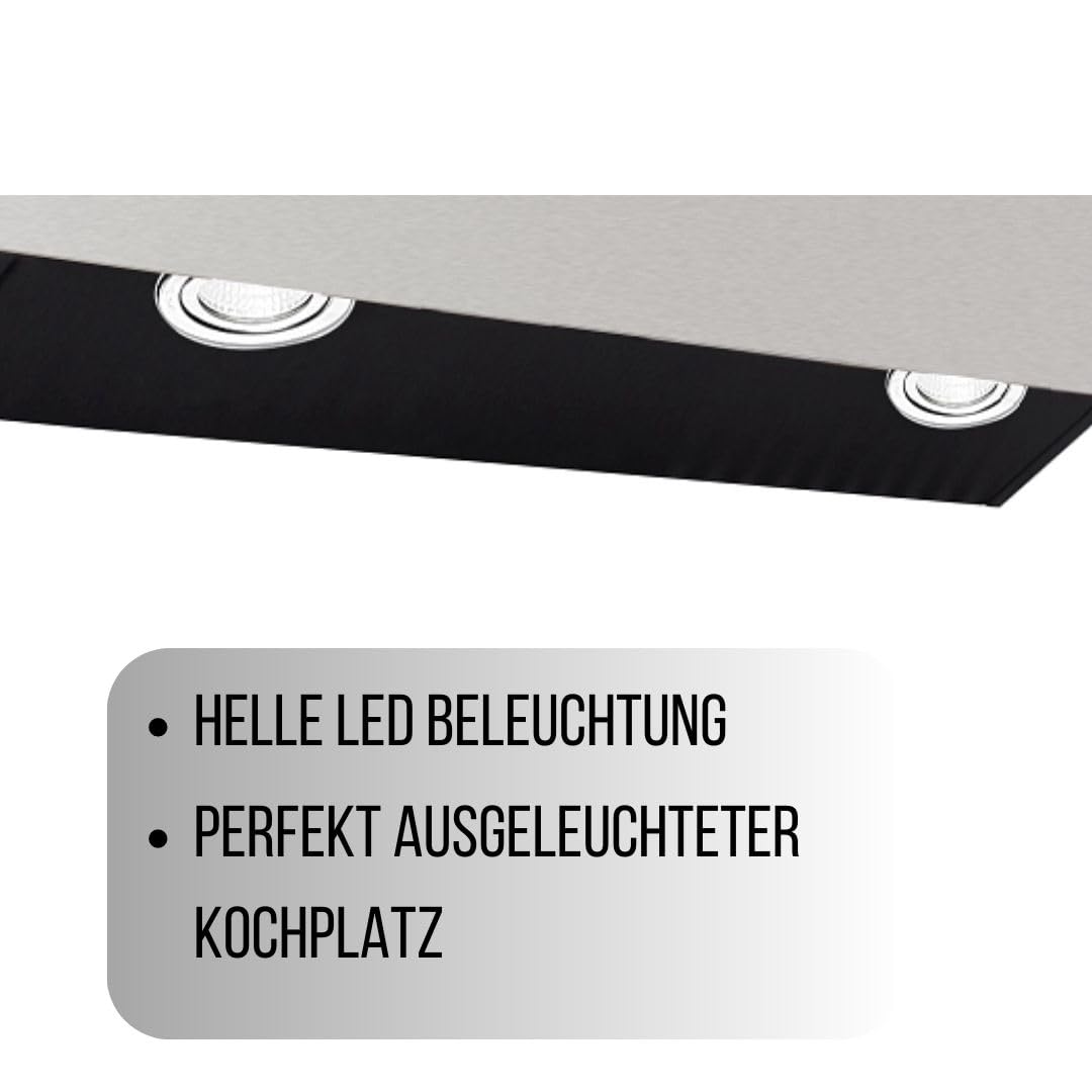 YUNA Dunstabzugshaube JULINA | 60 cm Einbaubreite | Kopffreie Schräghaube | Abluft | Umluft | 3 Leistungsstufen | Wandmontage | Schwarze Glas- und Edelstahlfront | 594m³/h Luftstrom