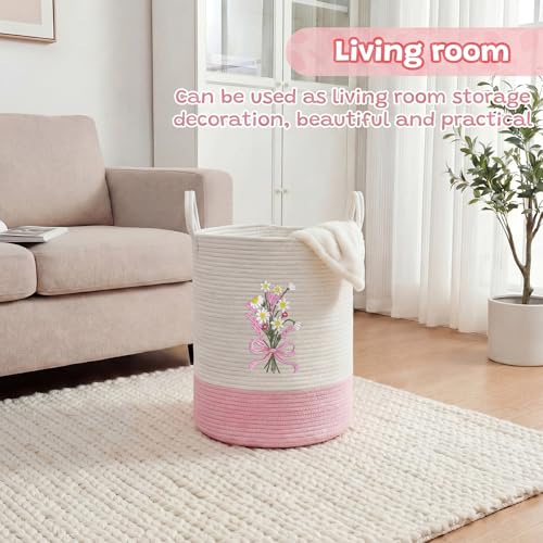 Image of Honeydak Pink Bow Cotton Rope Laundry Basket Hamper, Flower