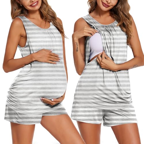Ekouaer Pijama Corto de Lactancia para Mujer de Dos Piezas con Cintura elástica Ajustable Camiseta de Lactancia y pantalón para Embarazo Gris Rayado M