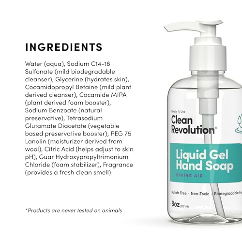 Image of Clean Revolution Liquid Gel Hand Soap, Silky Rich Liquid, Quick Lather, Fast Rinsing, Contains Real Essential Oils (Spring Air) 8 Fl Oz (Pack of 6)