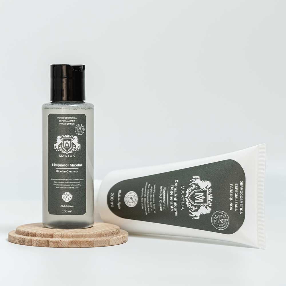 Pack para el Cuidado de la Piel en Caballos, Perros y Gatos Maktuk Horses. Consta de Crema Regenerante Antipicores I 200 ml I y Limpiador Micelar I 100 ml I