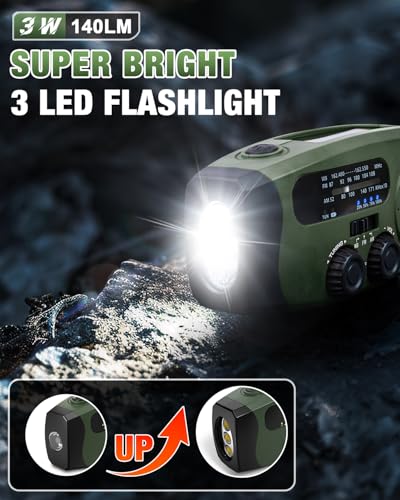 Image of Hand Crank Radio with AM /FM /NOAA Weather Bands,for Emergencies, Camping | 3 LED Flashlights,SOS Function,Solar Powered,Hand Cranked, 2000mAh /7400mWh Charger,for Power Outage - Olive Green