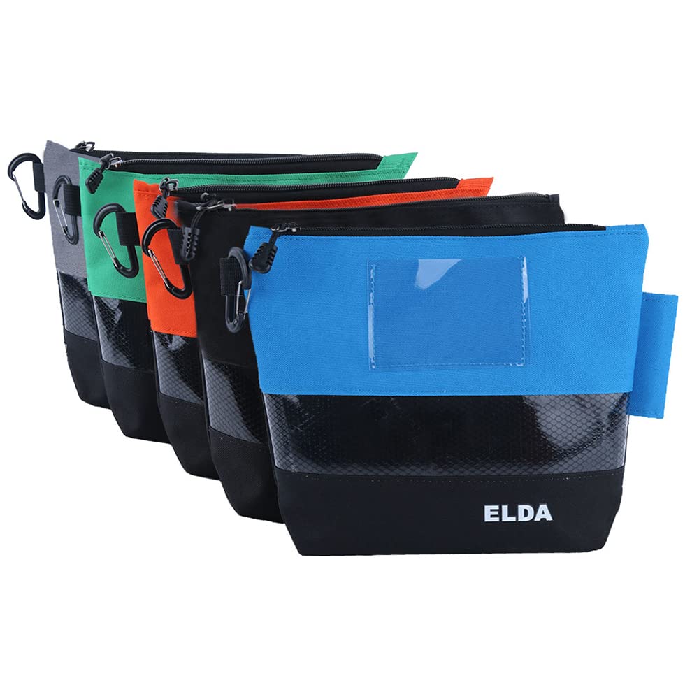 ELDA Stand-Up Tool Pouch Zipper Bag Organizer with Carabiner,Waterproof Heavy Duty Multi-Purposed Clip on Pouches with Zipper and Tunnel Connect Storage Bag,5 Pack