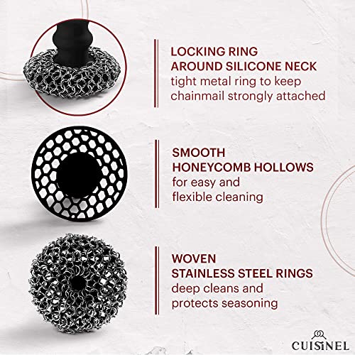 Image of Cuisinel Cast Iron Chainmail Scrubber + Pan Scraper - Deluxe Ergonomic Stainless and Silicone Cleaner for Pots and Skillets - Food-Safe Design - Easy to Clean Dishwasher Safe Cookware Sponge Accessory