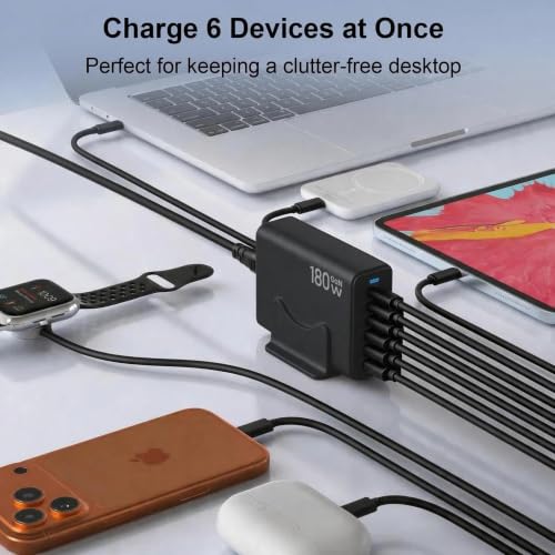 180W USB C Charging Station, 6-Port GaN Fast Charger Block with 3 USB-C 45W & 3 USB-A 15W, Multiport Desktop Charger for MacBook, iPhone 17/16/15, iPad, Galaxy, Switch, Travel, Home Office, Black - Image 3