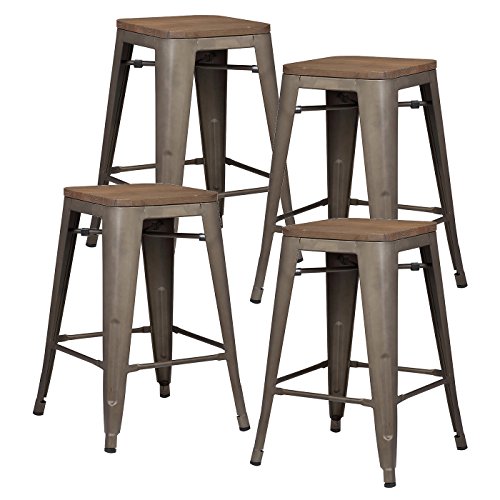EdgeMod Trattoria 24' Counter Height Industrial Bar Stool with Elmwood Seat, Stackable, Bronze (Set of 4)
