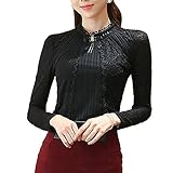 SansoiSan Women's Vintage Beaded Buttons Pleated Shirt Long Sleeve Lace Stretchy Blouse (Black, Large)