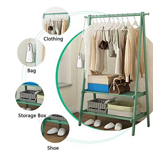 Yaweda Clothes Stand Bamboo Stand Garment Rack Solid Wood Wardrobe Clothes Rail Freestanding Clothes Rack With 2-Layer Storage Shelf Shoe Rack Stable Structure (Color : Green, Size : 55X43X160Cm) #TOP4