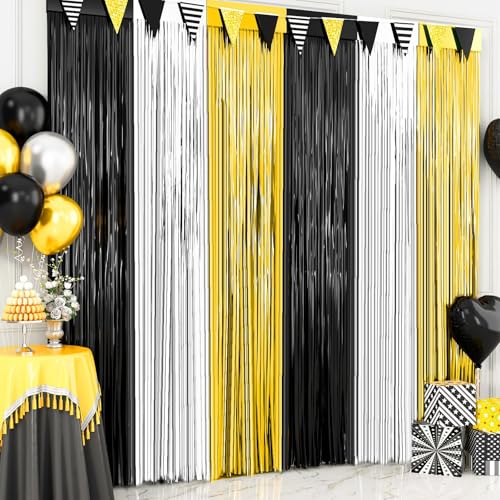 Image of Black Gold Silver Metallic Tinsel Foil Fringe Curtains, 2 Pack 3.3x6.6 ft Black and Gold Party Decorations, Tinsel Party Streamers Backdrop for Birthday Baby Shower Graduation New Year Decor