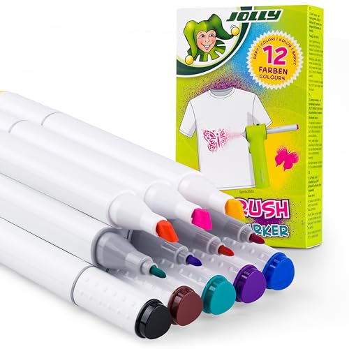 JOLLY Textilmarker, Nachfüllung Textil Airbrush oder als normaler Textilstift zu verwenden, 12 Farben mit dicker und dünner Spitze, für Textilien aller Art, nach Fixierung Waschmaschinenfest