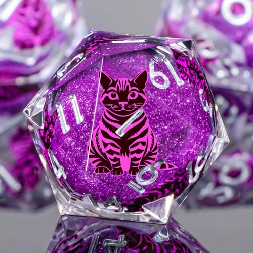 KERWELLSI Cat Liquid Core DND Dice Set with Gift Box, 7Pcs Resin Dungeons Sharp Edge D&D Dice, Dragons D and D Role Playing Dice D20 D12 D10 D8 D6 D4, Purple
