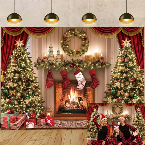 Toile de fond sur le thème de la cheminée de Noël avec rideau rouge vintage, arbre de Noël, décoration de fête de famille pour photographie, hiver, bannière de studio, accessoires photo (2,4 x 1,8 m