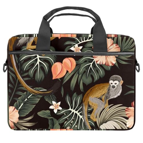 Maletín bandolera para laptop de 13 a 14.5 pulgadas con diseño exótico de mono y flores de hibisco