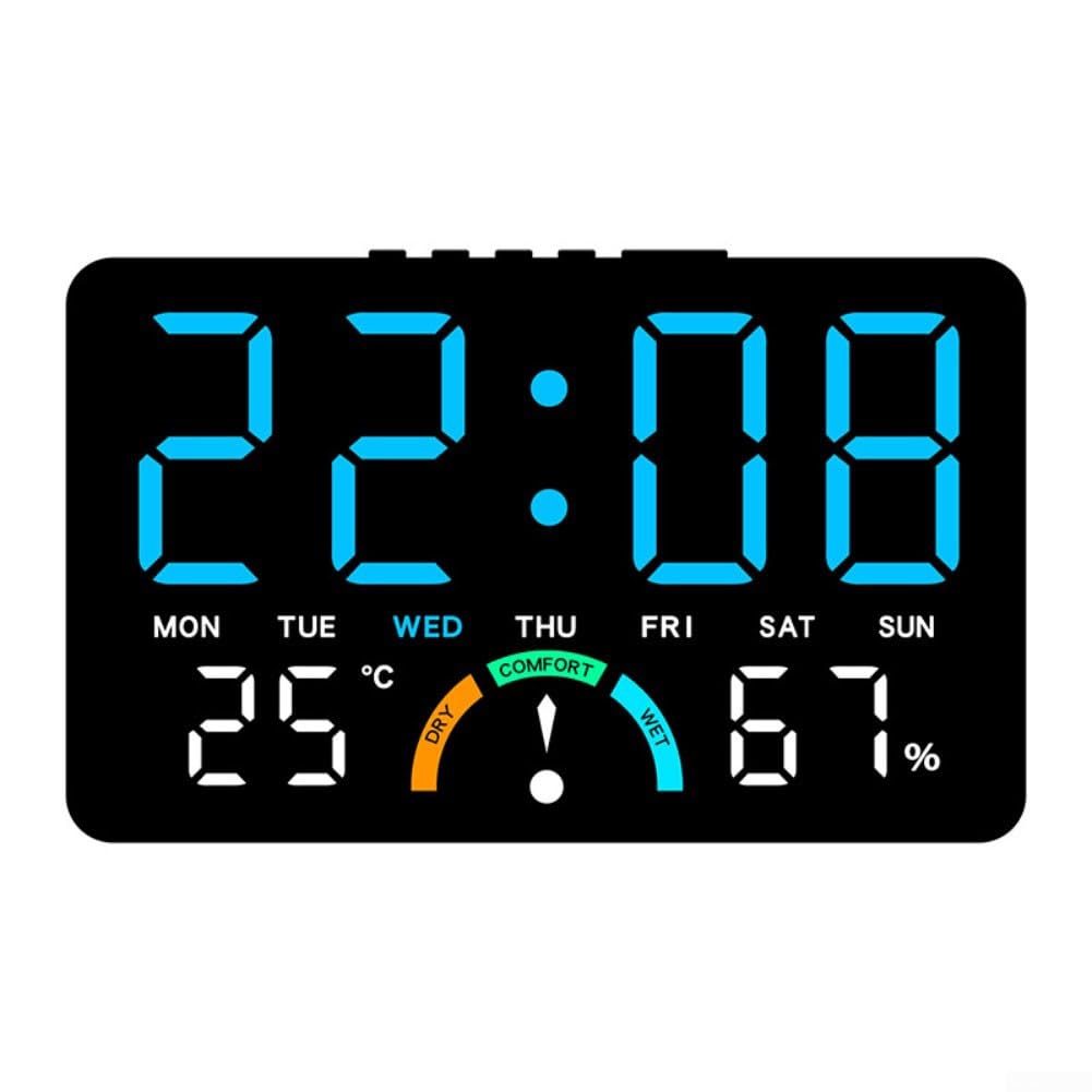 Home LED Electronic Clock with Large Screen, Digital Display of Time Date Temperature Humidity Comfort Level, Easy Read Alarm Clock with Wall Mount or Stand Option, for ideal for Kitchen Bedroom,