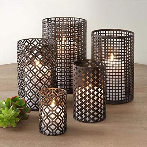 DQ Home Decor Set of 5 Large Cylindrical Metal Candle Holders Bronze Hurricane Pillar Candleholder Rustic Table Candlestick Holders Great Centerpiece for Home Decor Cover