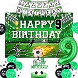 kreat4joy Soccer 9th Birthday Decorations for Boys, 9th Birthday Balloons for Boys Happy Birthday Backdrop Cake Topper Banner, Green Number 9 Trophy Soccer Foil Balloon for Boys Sports Theme Party
