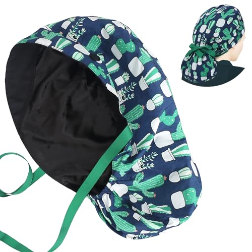 ABAMERICA Scrub Caps for Women Surgical Caps Nurse Hat Functional Ponytail Holder for Long Hair Single or Satin-Lined A01-04 Satin Lined Cactus