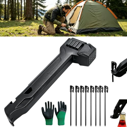 Image of Camping Hammer with 8 Pegs, Heavy-Duty Camping Mallet for Tent Stakes with Peg Puller, Bottle Opener, Storage Handle & Textured Striking Head for Hiking Backpacking (Black)
