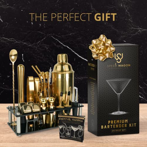 Mixology Bartender Kit – 24 Piece Gold Cocktail Shaker Set W/Stand – Essential Home Bar Accessories Martini Shaker, Jigger, Muddler, Chilling Cubes & More #TOP6