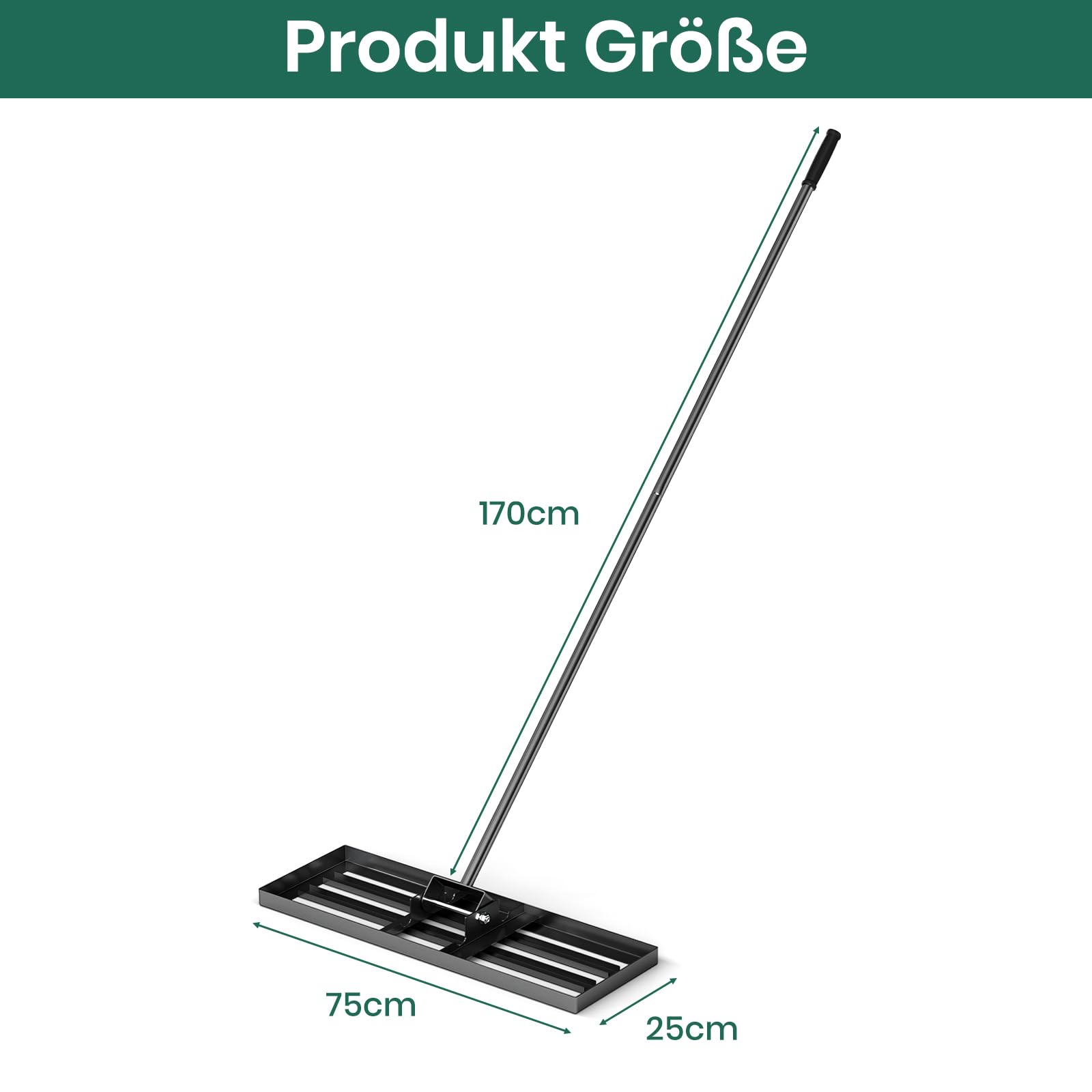 RELAX4LIFE Rasen Nivellierrechen, 75 x 25 cm, Rasenrechen Metall, Rechen Garten mit 170 cm Stiel, Levelingrake Flächenebner zum Rasen Sand, Lawn Leveling Rake für Garten, Hof, Golfplatz, Schwarz